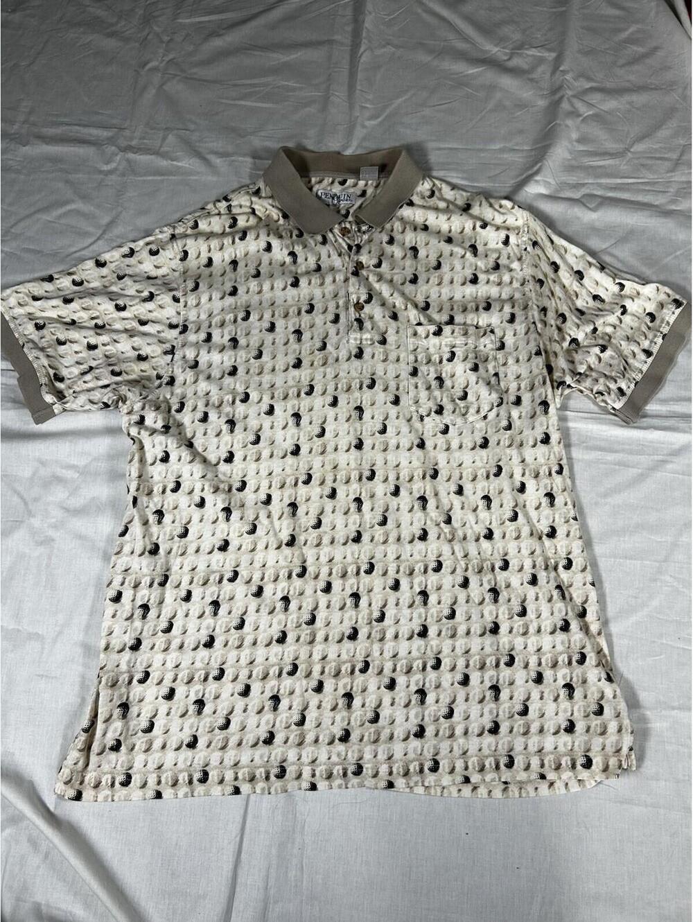 Men’s XL polo Vintage Penguin Sport Golf Ball AOP preppy Normcore Abstract Cream